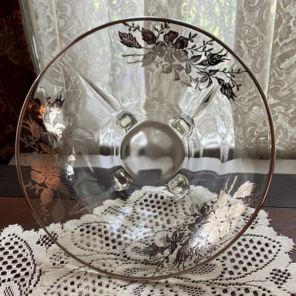 Sterling Silver Overlay Floral Crystal Footed Bowl